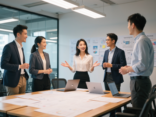 现代化办公室中团队讨论场景,明亮自然光线,蓝色背景